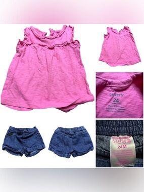 💙🩷 Girls 24M Carter’s Geranimals Outfit Bundle Pink Top Denim Shorts 🩷💙